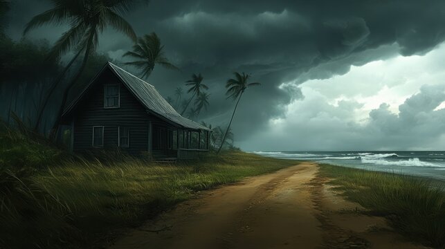 A rustic beach house stands against a stormy sky, surrounded by swaying palm trees and a winding sandy path, creating a dramatic, moody atmosphere ideal for themes of solitude and nature's power,