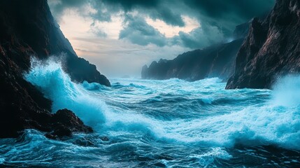 Dramatic Ocean Waves Crashing Against Dark Cliffs Under Stormy Sky