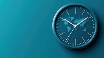 A modern, teal-colored wall clock featuring a world map, ideal for themes of global timekeeping, travel, or interior design, Perfect for websites, brochures
