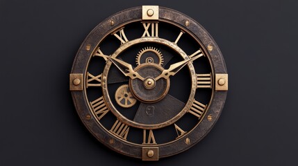 Naklejka premium An elegant vintage clock with intricate gears and Roman numerals showcases craftsmanship and design, Perfect for home decor, historical themes, or time-related projects,