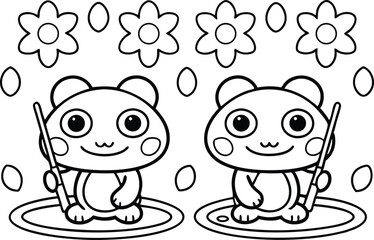 Outlined Cute Bears with Fishing Rods, Flowers and Eggs on Transparent Background