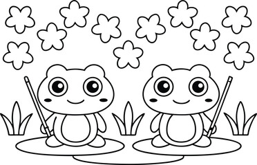 Cute Cartoon Frogs with Fishing Rods, Flowers, Nature Line Art, Transparent Background
