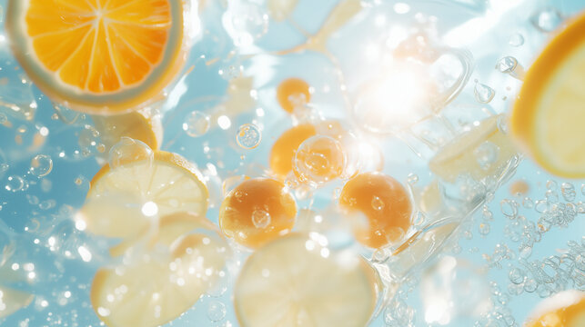 炭酸水に弾けるレモンとオレンジの水中イメージ（爽快感・夏・ビタミン）
