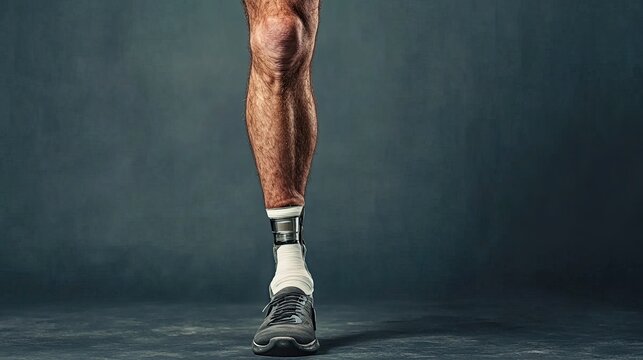 Close-up of athletic leg with prosthetic knee in motion
