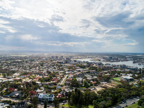Aerial view of Newcastle city with houses and apartments in urban sprawl