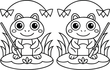 Cartoon Frogs on Lily Pads with Fishing Rods Line Art