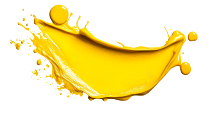 Yellow paint splash with droplets and drips on black, cut out transparent