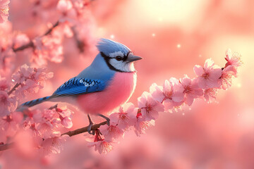 Vibrant Blue Jay Perched on Cherry Blossom Branch in Springtime Glow - Generative AI