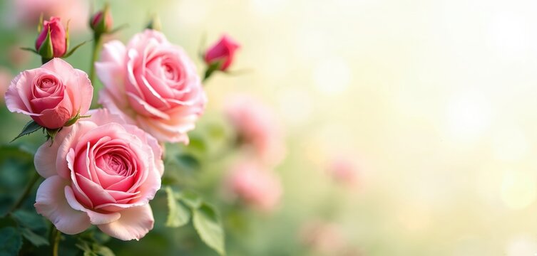 Sunny photo of blooming pink roses on a bright summer day. Nature floral background with blurred bokeh effect, ideal for greeting cards, wedding invitations, romance, love themes.