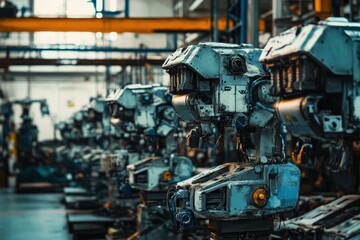 Fototapeta premium Robots lined up in industrial facility ready for automation tasks