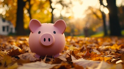 In a peaceful woodland, a charming piggy bank sits surrounded by a vibrant array of autumn foliage, symbolizing the convergence of thriftiness and the natural world in a lively and effortless manner