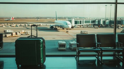 Fototapeta premium Travelers wait at airport terminal as airplane prepares for departure with luggage in view