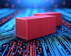 Red shipping containers on digital circuit board symbolize integration of supply chain management and logistics technology