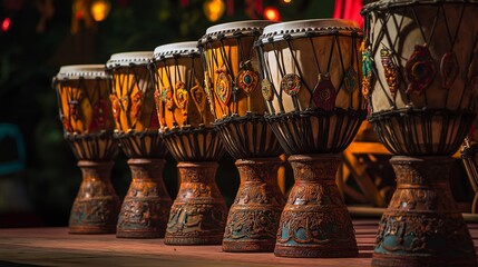 Intricately carved djembe drums stand ready bathed in warm golden light a vibrant display of artistry and rhythm promising an unforgettable musical experience