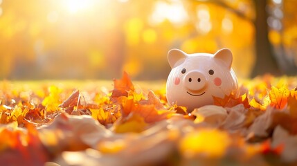 A tiny piggy bank lies encircled by vibrant autumn foliage in a serene woodland, representing the importance of saving and the splendor of nature in a fanciful manner, as this image personifies