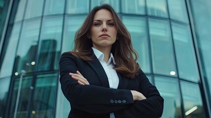 Fototapeta premium Confident businesswoman standing outside modern office building