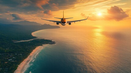 Stunning sunset view with an airplane flying over a coastal landscape and ocean waves