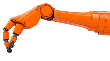 Orange robotic arm, technology concept, mechanical hand, artificial, cut out transparent