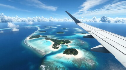 Obraz premium Breathtaking view of tropical islands from an airplane wing high above clear blue waters
