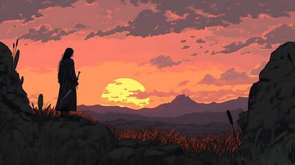 Fototapeta premium Sunset Warrior with Mountain Vista.