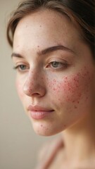 Fototapeta premium A young woman with a serene expression showcases her natural skin, revealing freckles and blemishes. Soft lighting highlights her genuine beauty and confidence, enhancing natural features.