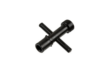 A durable black choke wrench for shotgun barrels, featuring a cylindrical design and sturdy crossbar handle, isolated against a white backdrop.