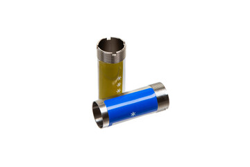 A set of shotgun choke tubes, featuring threaded ends and star markings for precision adjustments,...