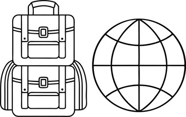 Travel Suitcase and Globe Outline Icon on White Background, Line Art Style