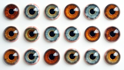 Colorful collection of human eye pupils isolated on white. Variety of eye colors and iris details. Macro shot with focus on eye vision detail. Perfect for medical, design, cosmetic projects.
