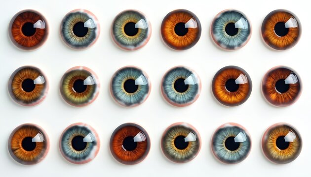 Colorful collection of human eye pupils isolated on white. Variety of eye colors and iris details. Macro shot with focus on eye vision detail. Perfect for medical, design, cosmetic projects.