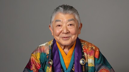 Obraz premium Elderly monk wearing colorful traditional robes and smiling warmly