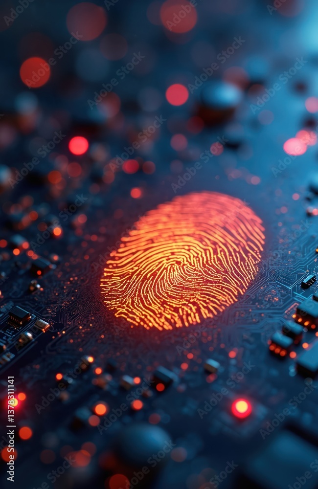 Poster futuristic digital fingerprint identification system. glowing biometric security tech with circuit b
