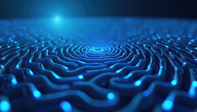 Abstract blue infinite maze graphic. Bright color banner, business concept. Generative AI art, tech background. Modern digital city, network, cyberspace. Innovative technology, business idea.