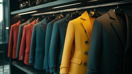 Obraz premium Luxury Men's Overcoats and Suits Hanging in a Chic Boutique