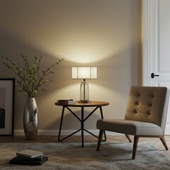 Contemporary interior design featuring a plant vase, table lamp, and stylish chair.