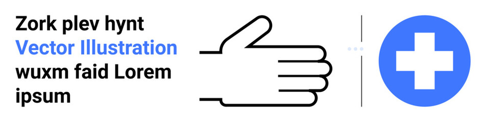 Obraz premium Hand graphic with open palm next to blue medical cross for teamwork, aid, first aid, caregiving, well-being, partnership, collaboration. Ideal for health topics, support systems simple landing page