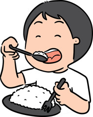 Illustration of man eating rice
