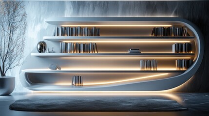Obraz premium Futuristic Bookshelf Design: Modern Minimalist Home Decor with LED Lighting