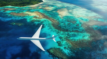 Fototapeta premium A sleek private jet soars above stunning turquoise waters, showcasing a diverse coral reef below