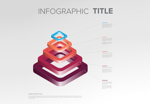 3D Layered Infographic Pyramid made from five red and blue levels with Text Annotations