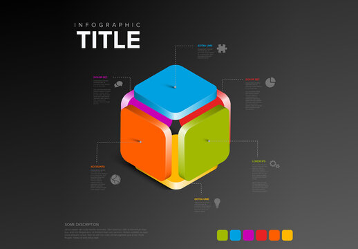 Colorful 3D Infographic Cube made from six plates with Explanatory Text items on dark background