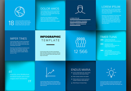 Blue Infographic Template Design with colorful blocks, icons, and placeholder text