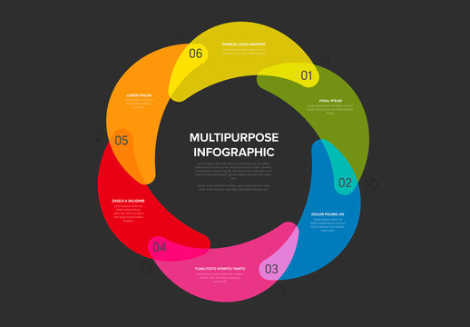 Circular Multipurpose Infographic Template Cycle with Six Sections icons and numbers on black background