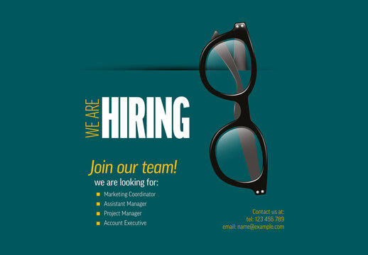 We Are Hiring Dark Teal Advertisement with Job Roles Listed accompanied by stylish black glasses