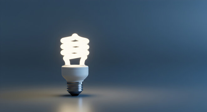 Glowing Compact Fluorescent Lightbulb on Blue Background in a Studio Setting