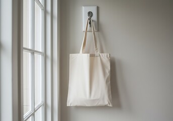 A simple, unblemished cream canvas tote bag hangs patiently on a hook, bathed in soft, natural light near a bright window, waiting for its next adventure.