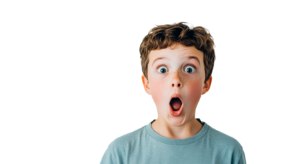 Surprised young boy with open mouth, isolated on black, cut out transparent