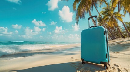 Fototapeta premium Bright blue suitcase on sandy beach with palm trees and ocean waves during sunny day
