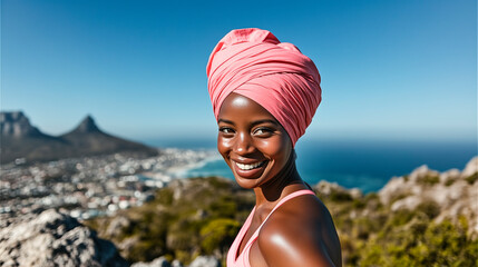 Confident Woman Smiling in Nature Wearing Pink Headwrap