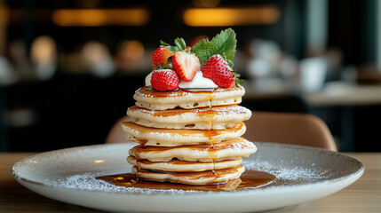 A stack of golden pancakes topped with syrup, butter, and fresh strawberries.